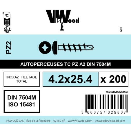 Boite 200 vis autoperceuses 4.2 x 25.4mm tête cylindriquee pozidriv inox A2 - Viswood