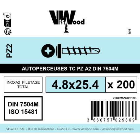 Boite 200 vis autoperceuses 4.8 x 25.4mm tête cylindriquee pozidriv inox A2 - Viswood