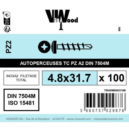 Boite 100 vis autoperceuses 4.8 x 31.7mm tête cylindriquee pozidriv inox A2 - Viswood