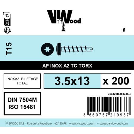 Boite 200 vis autoperceuses 3.5 x 13mm tête cylindriquee torx inox A2 - Viswood