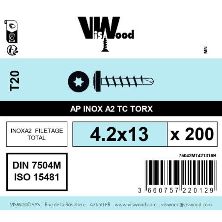 Boite 200 vis autoperceuses 4.2 x 13mm tête cylindriquee torx inox A2 - Viswood