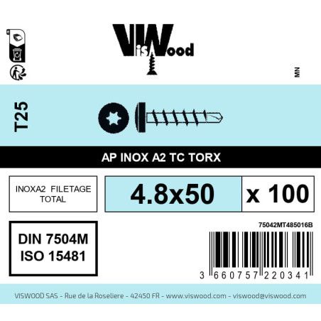 Boite 100 vis autoperceuses 4.8 x 50mm tête cylindriquee torx inox A2 - Viswood
