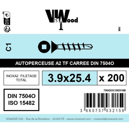 Boite 200 vis autoperceuses 3.9 x 25.4mm tête fraisée carrée inox A2 - Viswood