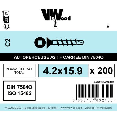 Boite 200 vis autoperceuses 4.2 x 15.9mm tête fraisée carrée inox A2 - Viswood