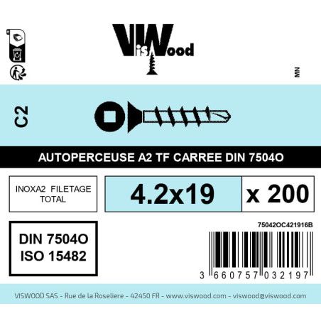 Boite 200 vis autoperceuses 4.2 x 19mm tête fraisée carrée inox A2 - Viswood