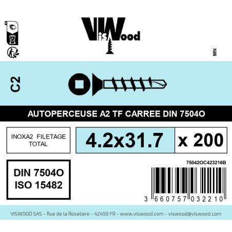 Boite 200 vis autoperceuses 4.2 x 31.7mm tête fraisée carrée inox A2 - Viswood