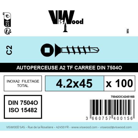 Boite 100 vis autoperceuses 4.2 x 45mm tête fraisée carrée inox A2 - Viswood