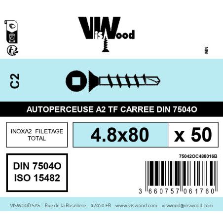 Boite 50 vis autoperceuses 4.8 x 80mm tête fraisée carrée inox A2 - Viswood