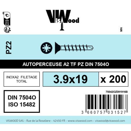 Boite 200 vis autoperceuses 3.9 x 19mm tête fraisée pozidriv inox A2 - Viswood