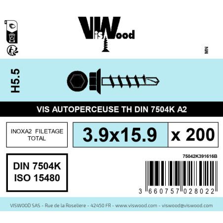 Boite 200 vis autoperceuses 3.9 x 15.9mm tête hexagonale inox A2 - Viswood