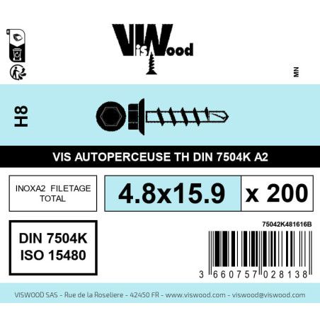 Boite 200 vis autoperceuses 4.8 x 15.9mm tête hexagonale inox A2 - Viswood