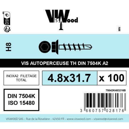 Boite 100 vis autoperceuses 4.8 x 31.7mm tête hexagonale inox A2 - Viswood