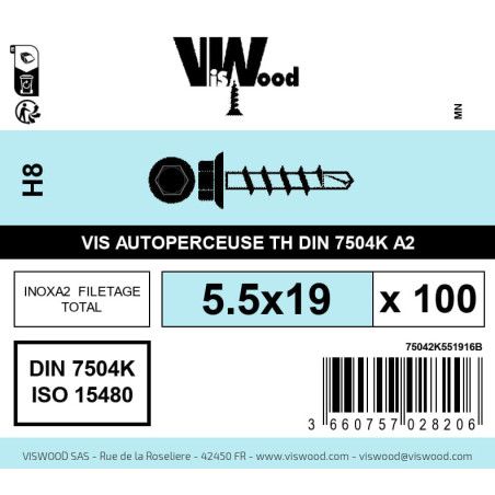 Boite 100 vis autoperceuses 5.5 x 19mm tête hexagonale inox A2 - Viswood