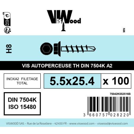 Boite 100 vis autoperceuses 5.5 x 25.4mm tête hexagonale inox A2 - Viswood