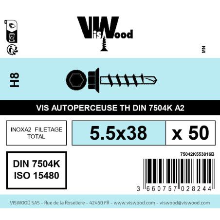 Boite 50 vis autoperceuses 5.5 x 38mm tête hexagonale inox A2 - Viswood