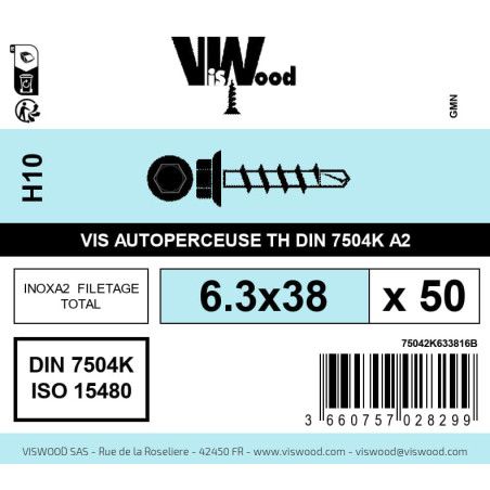 Boite 50 vis autoperceuses 6.3 x 38mm tête hexagonale inox A2 - Viswood