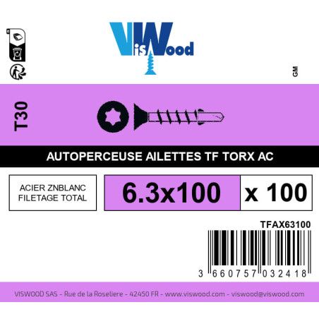 Boite 100 vis autoperceuses 6.3 x 100mm tête fraisée à ailettes torx zingué - Viswood