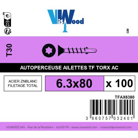Boite 100 vis autoperceuses 6.3 x 80mm tête fraisée à ailettes torx zingué - Viswood