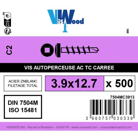 Boite 500 vis autoperceuses 3.9 x 12.7mm tête cylindriquee carrée zingué - Viswood