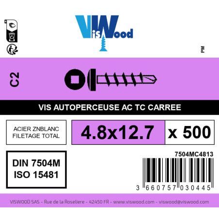 Boite 500 vis autoperceuses 4.8 x 12.7mm tête cylindriquee carrée zingué - Viswood