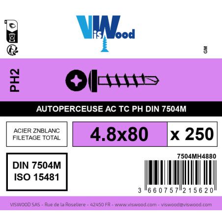 Boite 250 vis autoperceuses 4.8 x 80mm tête cylindrique phillips acier zingué - Viswood