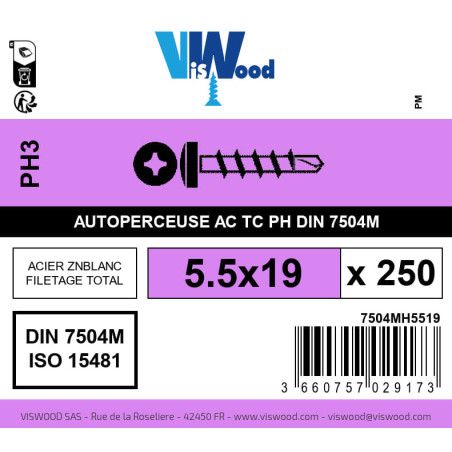 Boite 250 vis autoperceuses 5.5 x 19mm tête cylindrique phillips acier zingué - Viswood