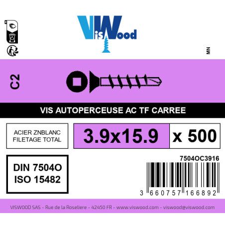 Boite 500 vis autoperceuses 3.9 x 15.9mm tête fraisée carrée acier zingué - Viswood