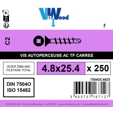 Boite 250 vis autoperceuses 4.8 x 25.4mm tête fraisée carrée acier zingué - Viswood