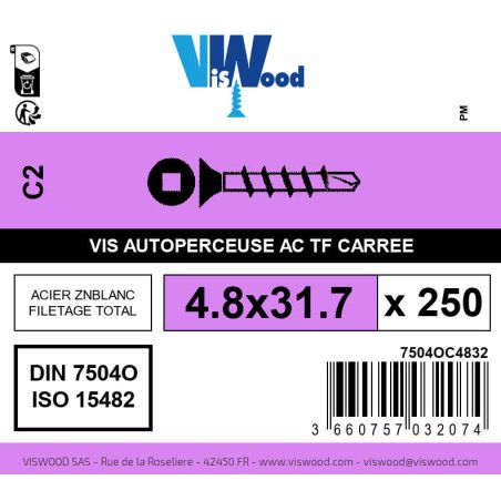 Boite 250 vis autoperceuses 4.8 x 31.7mm tête fraisée carrée acier zingué - Viswood