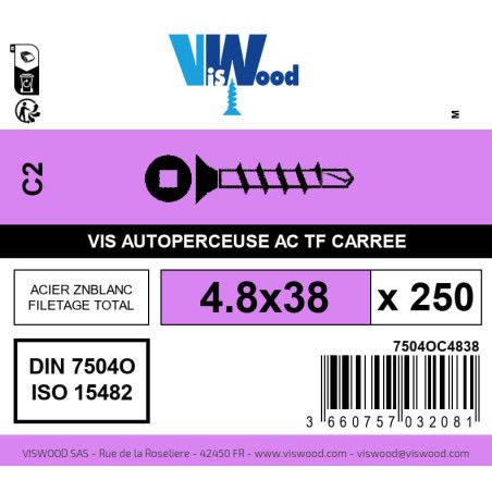 Boite 250 vis autoperceuses 4.8 x 38mm tête fraisée carrée acier zingué - Viswood
