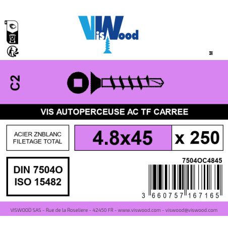 Boite 250 vis autoperceuses 4.8 x 45mm tête fraisée carrée acier zingué - Viswood