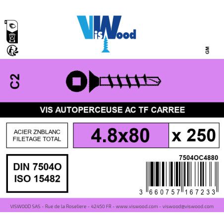 Boite 250 vis autoperceuses 4.8 x 80mm tête fraisée carrée acier zingué - Viswood