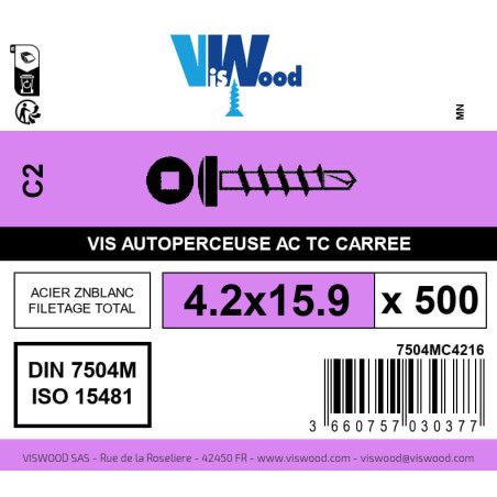 Boite 500 vis autoperceuses 4.2 x 15.9mm tête cylindriquee carrée zingué - Viswood