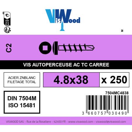 Boite 250 vis autoperceuses 4.8 x 38mm tête cylindriquee carrée zingué - Viswood
