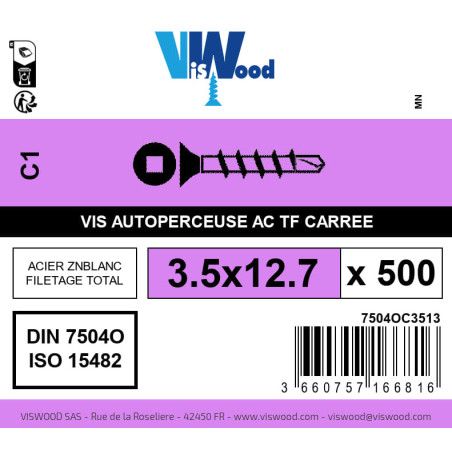 Boite 500 vis autoperceuses 3.5 x 12.7mm tête fraisée carrée acier zingué - Viswood