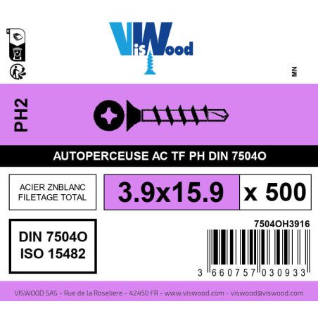 Boite 500 vis autoperceuses 3.9 x 15.9mm tête fraisée phillips acier zingué - Viswood