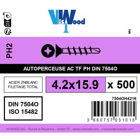 Boite 500 vis autoperceuses 4.2 x 15.9mm tête fraisée phillips acier zingué - Viswood