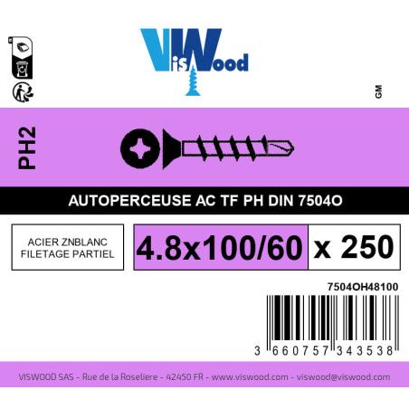 Boite 250 vis autoperceuses 4.8 x 100/60mm tête fraisée phillips acier zingué - Viswood