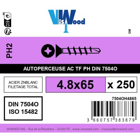 Boite 250 vis autoperceuses 4.8 x 65mm tête fraisée phillips acier zingué - Viswood