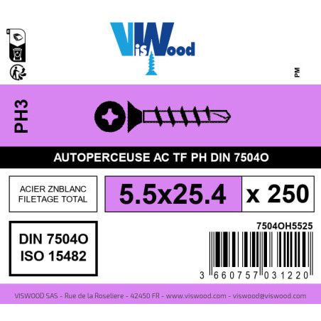 Boite 250 vis autoperceuses 5.5 x 25.4mm tête fraisée phillips acier zingué - Viswood