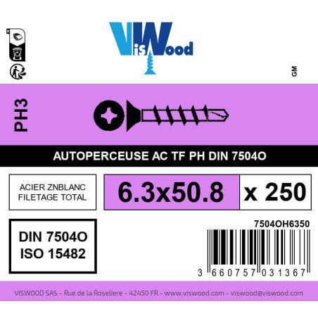 Boite 250 vis autoperceuses 6.3 x 50.8mm tête fraisée phillips acier zingué - Viswood