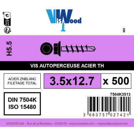 Boite 500 vis autoperceuses 3.5 x 12.7mm tête hexagonale avec embase acier zingué - Viswood