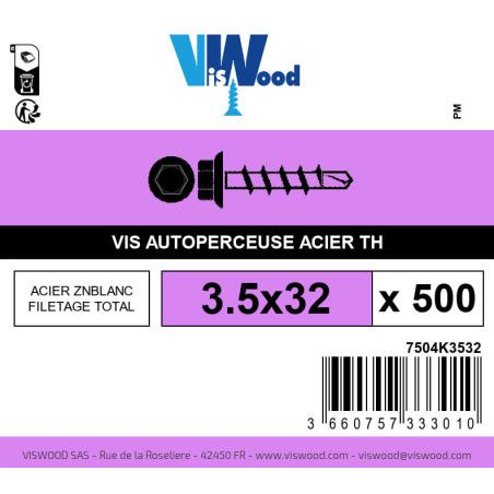 Boite 500 vis autoperceuses 3.5 x 32mm tête hexagonale avec embase acier zingué - Viswood