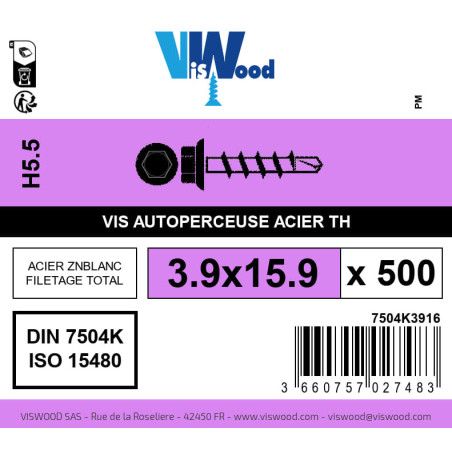 Boite 500 vis autoperceuses 3.9 x 15.9mm tête hexagonale avec embase acier zingué - Viswood