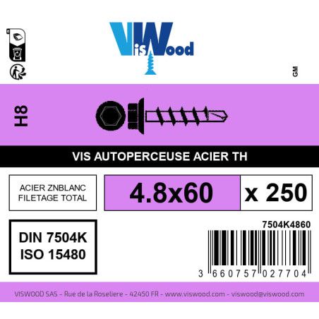 Boite 250 vis autoperceuses 4.8 x 60mm tête hexagonale avec embase acier zingué - Viswood