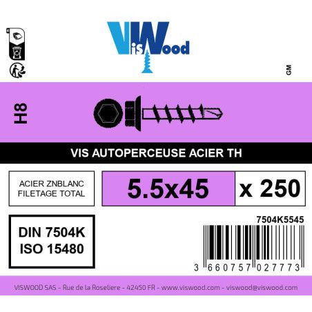 Boite 250 vis autoperceuses 5.5 x 45mm tête hexagonale avec embase acier zingué - Viswood