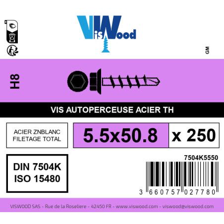 Boite 250 vis autoperceuses 5.5 x 50.8mm tête hexagonale avec embase acier zingué - Viswood