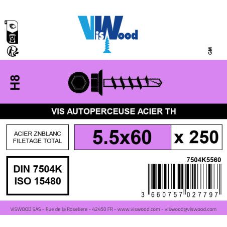 Boite 250 vis autoperceuses 5.5 x 60mm tête hexagonale avec embase acier zingué - Viswood