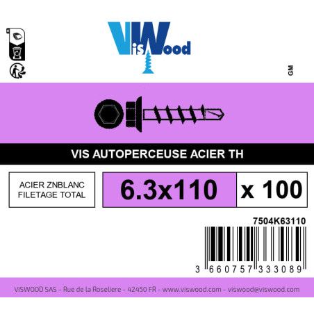 Boite 100 vis autoperceuses 6.3 x 110mm tête hexagonale avec embase acier zingué - Viswood
