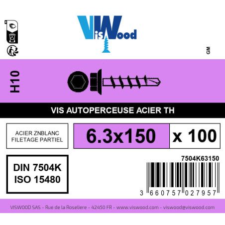 Boite 100 vis autoperceuses 6.3 x 150mm tête hexagonale avec embase acier zingué - Viswood